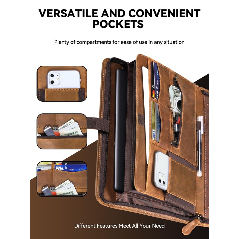 Carpetene Genuine Leather Portfolio, Professional Padfolio Binder Organizer with Zipper,