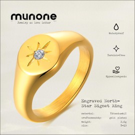munone Engraved Signet Ring with North Star Zirconia Lightweight Thick Statement 14k Gold Plated Titanium Rings for Women Men 5-10