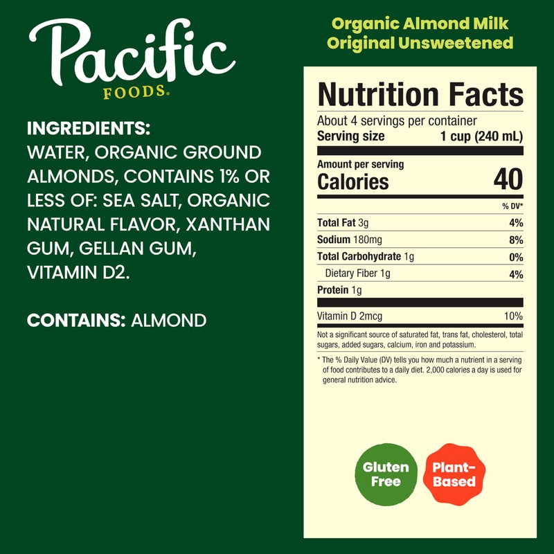 Pacific Foods Organic Unsweetened Almond Milk, Plant Based Milk, 32