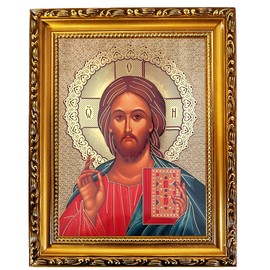 Needzo Jesus Christ Icon - Christ The Teacher Orthodox Catholic Icon 9 1/2 Inch, Gold Foil Icon, With Stand and Wall Hanging, Religious Gift For Him
