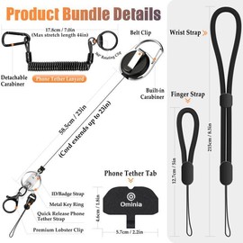 Ominia Retractable Phone Tether Lanyard: Anti-Theft Retractable Cellphone Lanyard with Universal Cellphone Tether Cord Wrist & Finger Strap Phone Cord Tabs
