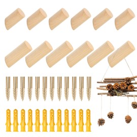 Omtofo Pack of 12 Wooden Hooks 6 cm 8 cm, Wall Hooks Wood Made of Natural Beech, Round Decorative Coat Hooks Wood with Screws for Hanging Home Accessories, Clothes, Backpacks, Hats