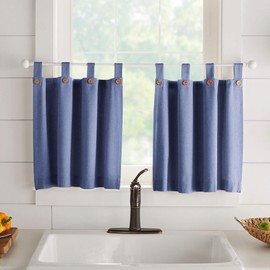 Elrene Home Fashions Tucker Solid Button Tier Window Curtains for Kitchen or Bathroom, 30 Inches by 36 Inches, Blue, Set of 2