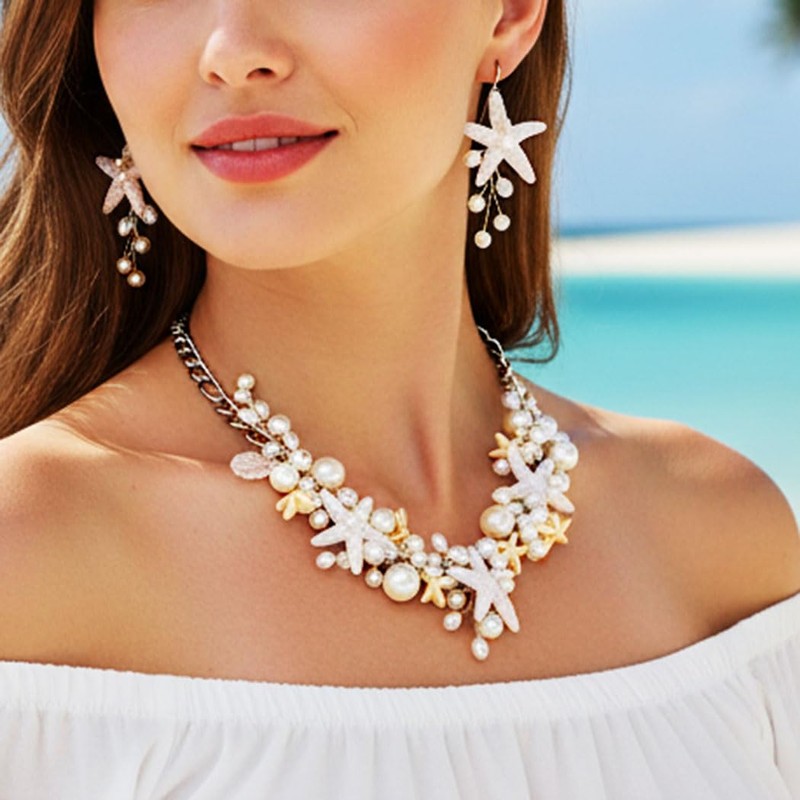 GORAIS Starfish Beach Wedding Jewelry Sets Silver Pearl Mermaid Necklace
