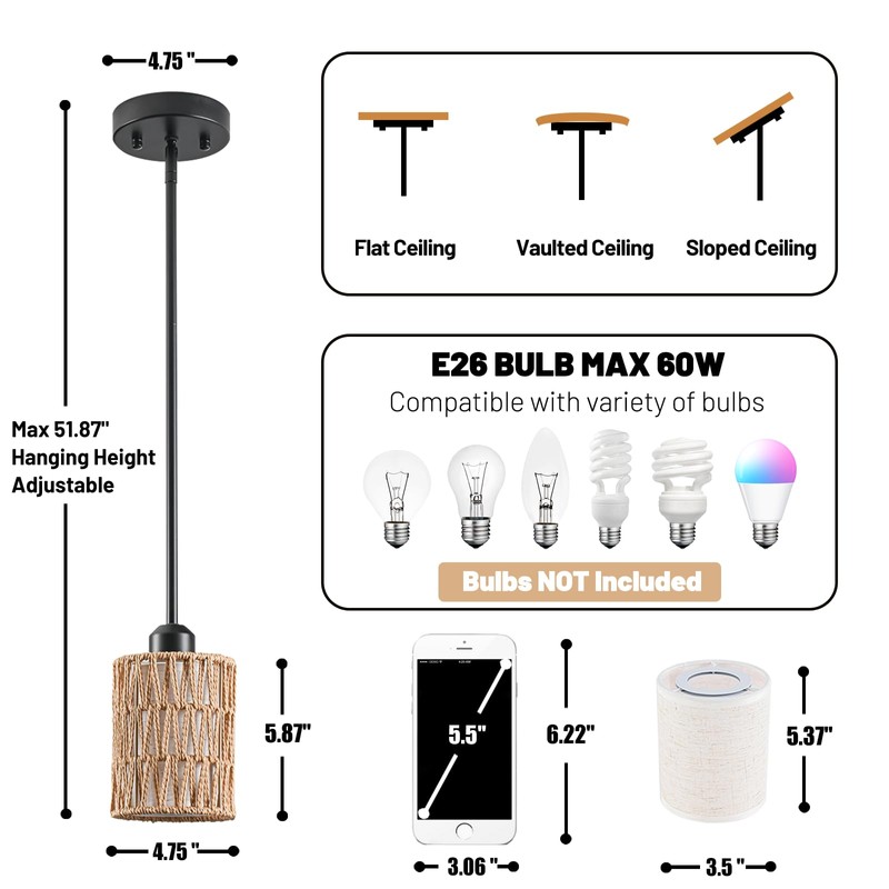 OUVR Pendant Light Boho Hanging Lamp - Rattan & Linen