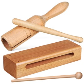 Vaguelly 2 Sets Wooden Orff Instrument Percussion Blocks and Hand Drum with Wooden Beaters Rhythm Wooden Instrument Musical Percussion Instrument Professional Rhythm Wooden Blocks