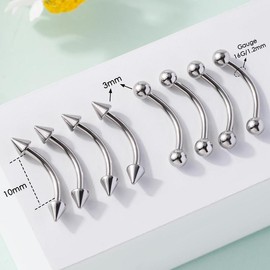 Oufer 16G 8/10MM 8PCS Balls and Spikes Rook Eyebrow Ring Curved Bar - Size: 10mm