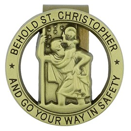 Round Saint Christopher Medal | Patron Saint of Travelers and Motorists | Metal Auto Visor Clip | Catholic Car, Truck, or RV Decoration | Christian Protection Prayer for Travel (Gold-Tone)