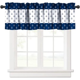 Anchor Valance Curtain, Nautical Theme Navy Blue White Anchor Sea Life Adventure Print Blackout Short Window Treatment for Kids Bedroom Living Room Kitchen, 54x18in