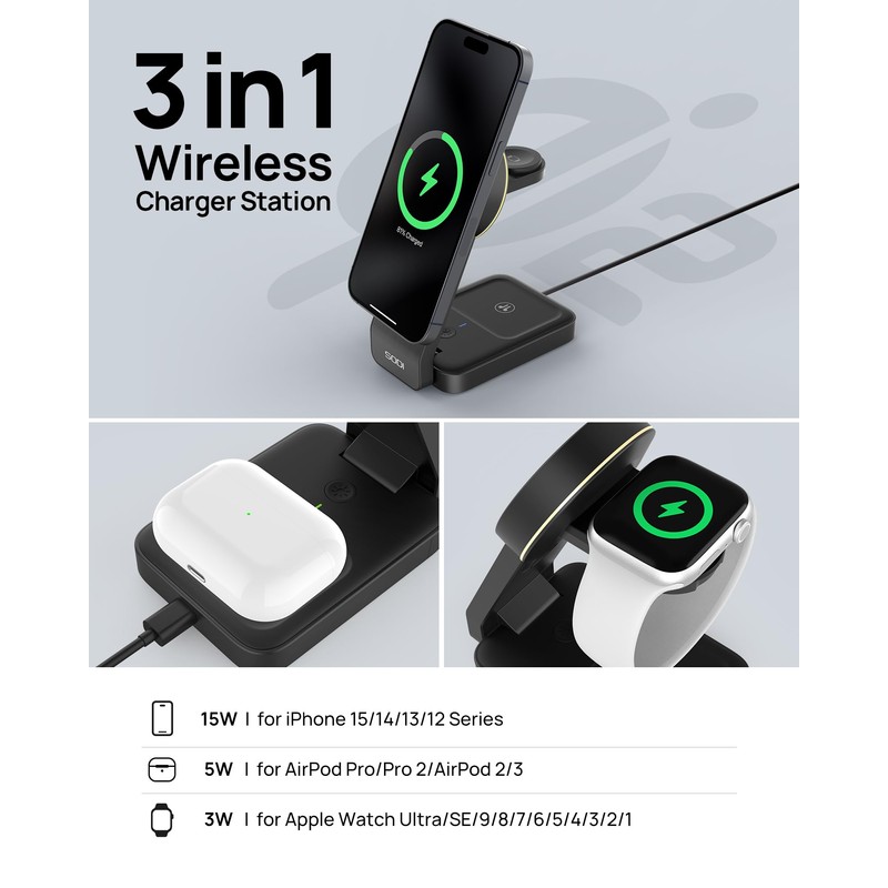 SODI Qi2 Compatible Magnetic 3-in-1 Wireless Charging Station