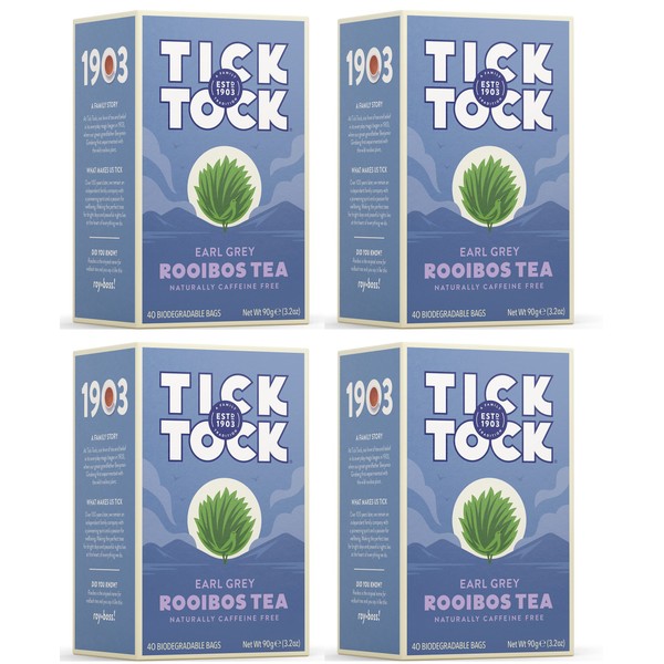 TICK TOCK TEAS Rooibos Earl Grey, Naturally Caffeine Free Red Bush Herbal Tea, Rich in Anti-Oxidants, South African, Superfood, 3.5 Oz, 40 Count, Pack of 4