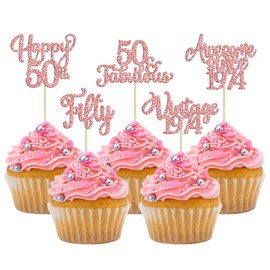 30 piezas de decoración clásico para cupcakes de 1973 con purpurina, cincuenta 50 fabulosas palillos de magdalenas de 50 cumpleaños para 50 años para decoración de pasteles de fiesta de 50 cumpleaños, color oro rosa