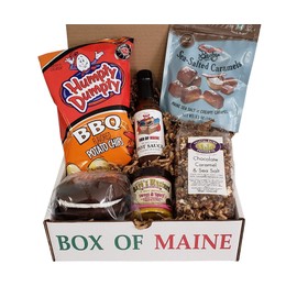 Box of Maine Sweet and Spicy Box - 6 Item Gift Set (Raye's Mustard, Wicked Hot Sauce, Chocolate Whoopie Pie, Chocolate Carmel & Sea Salt Popcorn, Bixby Caramels, Humpty BBQ Chips)