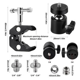 DesertBoy Super Clamp, Cameras Super Clamps, Magic Arm Clamp with 1/4 and 3/8 Thread Clips, Super Tripod Clamp, Mini Tripod Head Ball Head, Super Clamp Tripod Clamp, for Cameras, Flash Light, Tripod