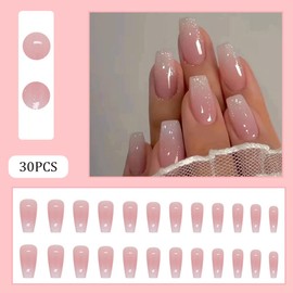 Hrnsnails Coffin Press On Nails Medium Fake Nails with Ombre&Glitter Nail Press Ons Design, Artificial False Nails Stick On Nails for Women-30Pcs