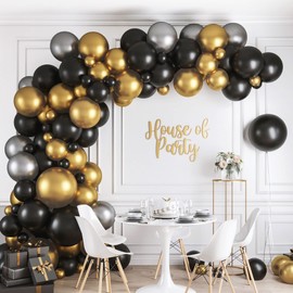 HOUSE OF PARTY 160pcs Black Gold and Silver Balloons Garland Arch Kit, Black Metallic Gold Chrome Silver Party Balloons Set for 2023 Graduation Birthday Bachelorette Anniversary Wedding Decorations