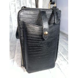 Rebecca JT-240324 Smartphone Pochette Travel Pochette Genuine Cow Leather Croco Embossed Lizard Embossed Women's Men's Cowhide Genuine Leather Smartphone Pouch Travel Pouch Shoulder Bag, Lizard