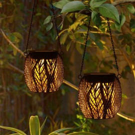 Solar Lanterns Outdoor Waterproof, 2 Pack Hanging Solar Lights Outside Garden Decor, Metal Hummingbird Solar Garden Lights Patio Decor, Lanterns Decorative for Yard Porch Balcony Backyard (Leaf)