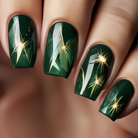 TBRZTR Green Press on Nails Medium Length Lightning Pattern Design Fake Nails Full Cover Glossy Coffin Nails Artificial Acrylic Nails Green Square Stick on Nails Reusable Glue on Nails for Women