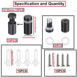 HUAZIZ 15 Pieces Stainless Steel Advertising Screw, Glass Spacer, Glass Standoff Holder, Wall Glass Standoff Holder, with Screws, for Sign Displays, Black (12 x 20 mm)