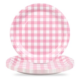 Houuqe 24Pcs Gingham Party Supplies Pink Paper Plates 9 inches Disposable Plaid Decorative Dinner Dessert Serving Plates for Baby Shower Wedding Birthday Party