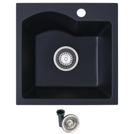 Comllen 16" x 16" Quartz Black Bar Sink Drop in, Morden Black Small Kitchen Sink 16 Inch, Topmount Wet Bar Sink Matte Black, Black Granite Kitchen Sink Bar Prep Rv Sinks