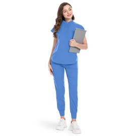 niaahinn Scrubs Set for Women Nurse Uniform Jogger Suit Stretch Top & Pants with Multi Pocket for Nurse Esthetician Workwear (Ceil, Medium)