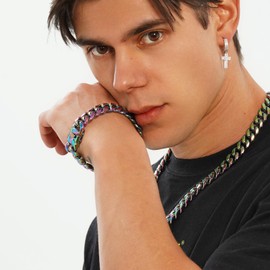 TOPGRILLZ 10,14mm Polished Stainless Steel Solid Rainbow Cuban Link Bracelet for Men Women Hip Hop Jewelry (14mm,8inch)