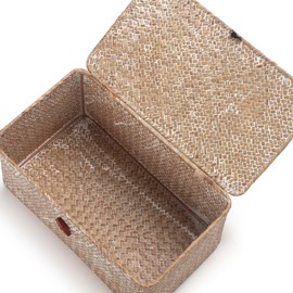 Rattan Storage Basket Made of Seagrass with Lid, Natural Material (White Wash Small, 26 cm x 14 cm x 11 cm H)