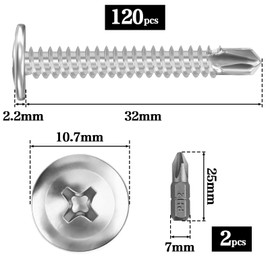 Pack of 120 Self-Tapping Screws 410 Stainless Steel 4.2 x 32 mm Self-Tapping Screws Self Tapping Drilling Screws Self-Drilling Screws for Steel Metal Screws Drilling Screws Countersunk Head with 2