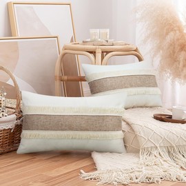 Merrycolor Boho Patchwork Linen Lumbar Throw Pillow Covers 12x20 Set of 2 Farmhouse Burlap Linen Pillow Covers Beige Neutral Couch Pillows Boho Pillows Decorative Pillow Covers for Couch Bed Sofa