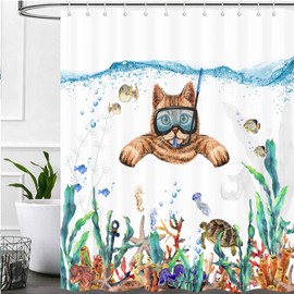 Uokiuki Funny Cat Fabric Shower Curtain, Cat Diving Shower Curtain for Bathroom, Tropical Fish Coral Underwater Sea Animal Shower Curtain with Hooks 69 x 84 Inch