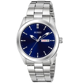 BUREI Mens Watches Fashion Silver Analog Stainless Steel Quartz Waterproof Luxury Dress Watches for Men Blue Dial, Gifts for Men (Blue face Silver)