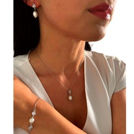 ONDEGO® SILBER 3er PERLEN Set Zirkonia Silber Strass Schmuck Kette Schmuckset Armband Kommunion Ball Abiball Hochzeit Brautschmuck