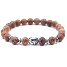 Lion & Son Unisex Wooden Bead Bracelet with Gladiator Helmet, Buddha, Hamsa Hand or Dumbbell Charm, Metal alloy, Buddha