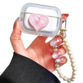 Yivenbarity Cute Case for AirPods 3rd Generation,Kawaii Love-Heart Bling Pink Case Cover with Glitter Bracelet Beaded Keychain for Women Girl,Clear Soft TPU Protective Case Compatible with Airpods 3