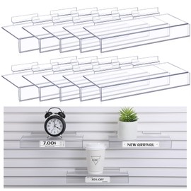 Fumete 10 Pack Clear Acrylic Slatwall Shelves Slatwall Accessories 4 x 10 Inch Slatwall Shelves Hanging for Living Room Bedroom Office Gaming Room Retail Display or Home Use with Sign Holder