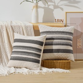 ORTIGIA Boho Decorative Throw Pillow Covers 18x18 Set of 2 Striped Linen Black Couch Farmhouse Textured Neutral Pillowcase for Home Decor Sofa Bed Living Room Bedroom Outdoor