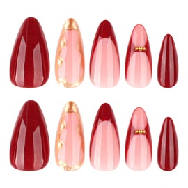 24Pcs Almond Press on Nails Medium Fake Nails with Designs Gold Lines Stick on Nail Retro Red Acrylic False Nail French Glossy Artificial Nail Full Cover Glue on Nails for Women