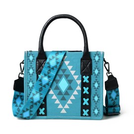 Merbaa Boho Western Aztec Crossbody Tote Bag for Women | Canvas Shoulder Handbag with Wide Strap & Top Handles | Tribal Print Purse for Casual Travel & Everyday Use (Small-Turquoise)