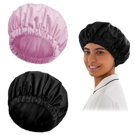 Reusable Shower Cap for Women, Large Waterproof Shower Bonnet Washable Elastic Band Bath Hair Hat for Long Hair, Braids(Black&Purple)