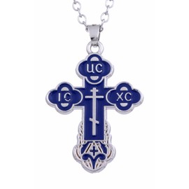 TEAMER Cross Necklace Russian Orthodox Crucifix Eastern Church Necklace Religious Christian Prayer Jewelry for Men Women (Blue Silver)