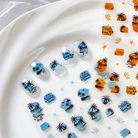 2 Sheets Summer Nail Art Stickers 5D Embossed Palm Nail Decals Blue Beach Coconut Tree Seashells Starfish Designs Self-Adhesive Nails Supply for Women DIY Summer Manicure Decoration