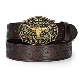 Western PU Leather Buckle Belt for Men Women Cowboy Cowgirl Longhorn Bull Pattern Floral Engraved Buckle Belt JASGOOD(Coffee)