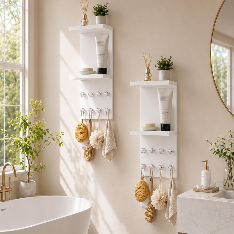 2 Tier White Floating Vanity Wall Shelf with 8 Crystal