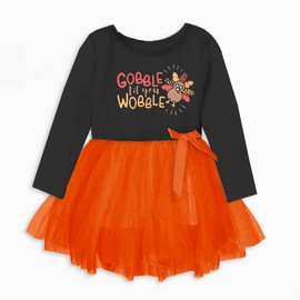 Remimi Thanksgiving Turkey Dresses Toddler Baby Girls Gobble Til You Wobble Print Long Sleeve Tutu Dress 1-2T