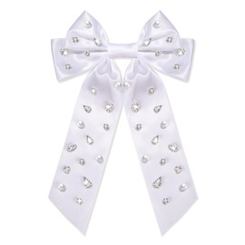 Hair Bows for Women Crystal Pearl Jeweled Hair Bow Clips Big Silky Satin Hair Ribbons with Long Tail Large White Black Bows Barrettes Fashion Hair Accessories Birthday Wedding Holiday Gifts (White)