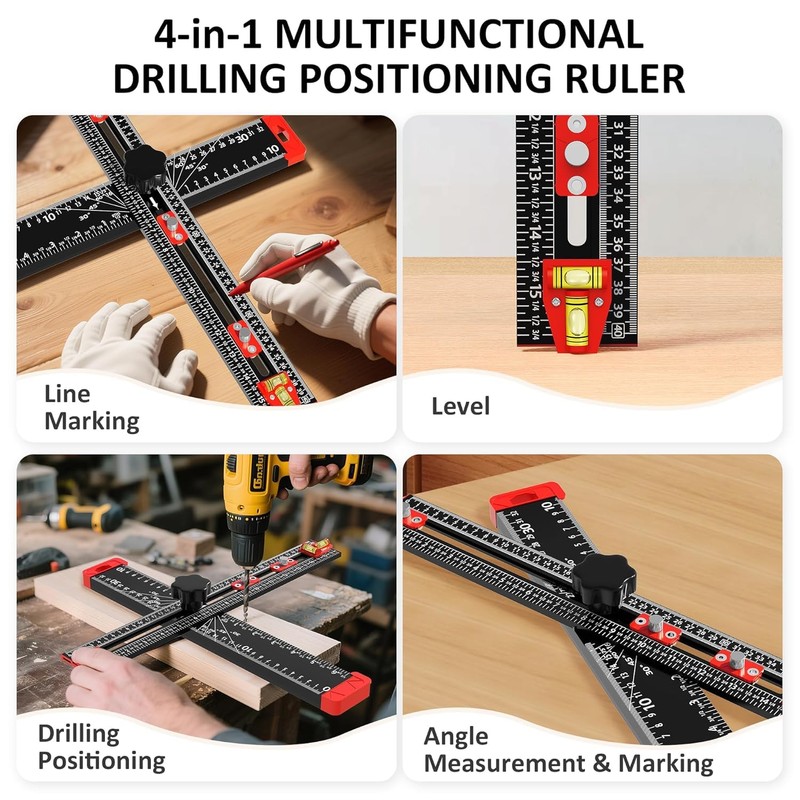 4-in-1 Drilling Positioning Jig, 35cm/14inch Multifunctional T Square Adjustable Angle