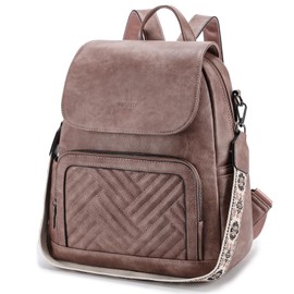 VASCHY Backpack for Women, Chevron Quilted Vegen Leather Flap Backpack Convertible Rucksack Handbag for Ladies with Guitar Strap Pink