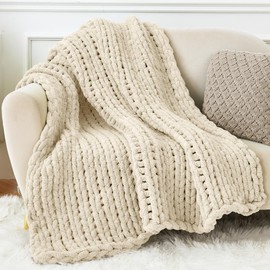 Admitrack Chunky Knit Blanket Throw, 100% Hand Knit Chenille Throw Blanket for Sofa & Home Decor, Soft and Cozy Knitted Throw Blankets (Ivory，40"x50")